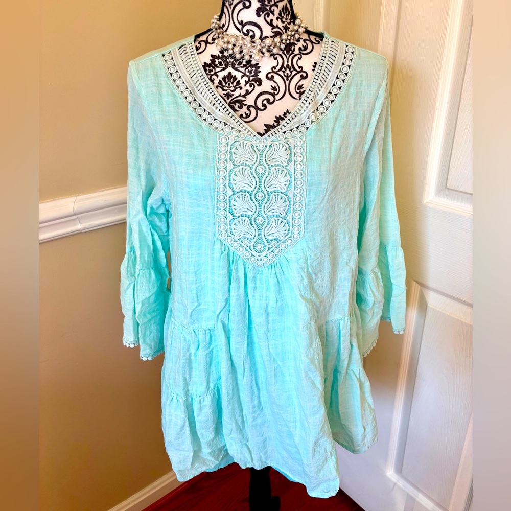 Cal Style, Womens, Blue Pleated, boho top- Cotton Embroidered Neck Lace, Lg